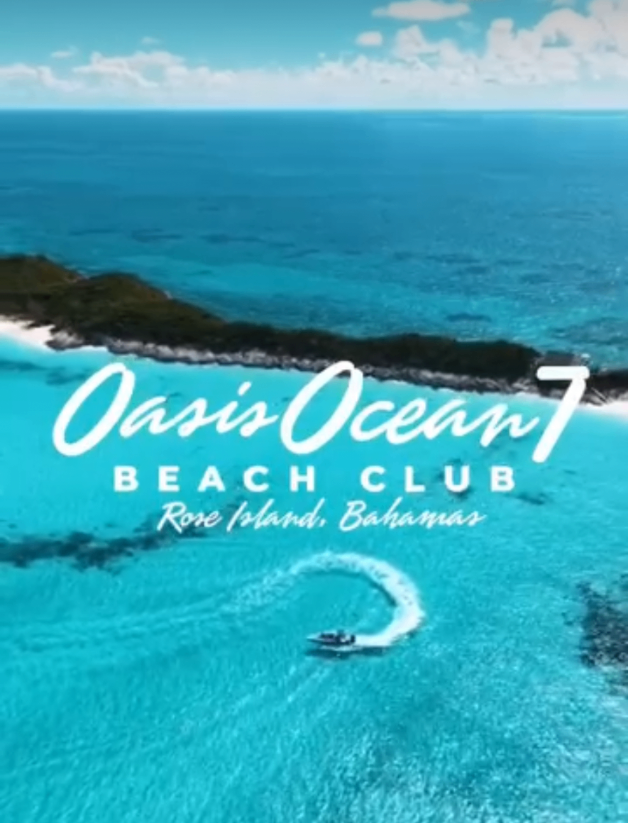 Aerial view of the Oasis Ocean 7 tour boat carving a curved wake off Rose Island, with the Oasis Ocean 7 Beach Club title